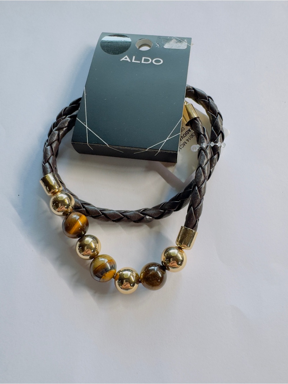 ALDO Dark Brown Braided Leather Bracelet with Gold Beads